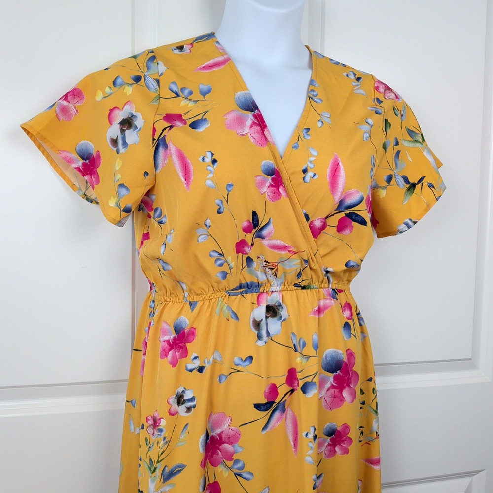 Yellow Garden Party Floral Maxi Dress Short Sleeve Womens Large Empire Waist